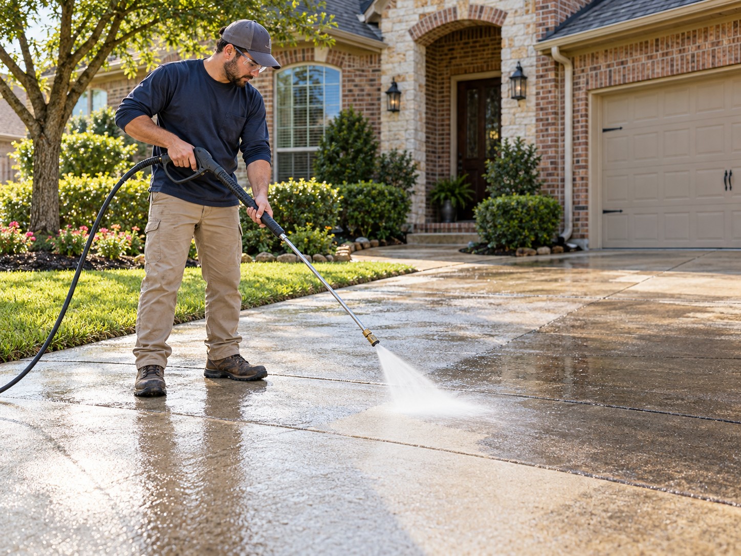 Illustration of a worker pressure washing a concrete driveway outside a brick home