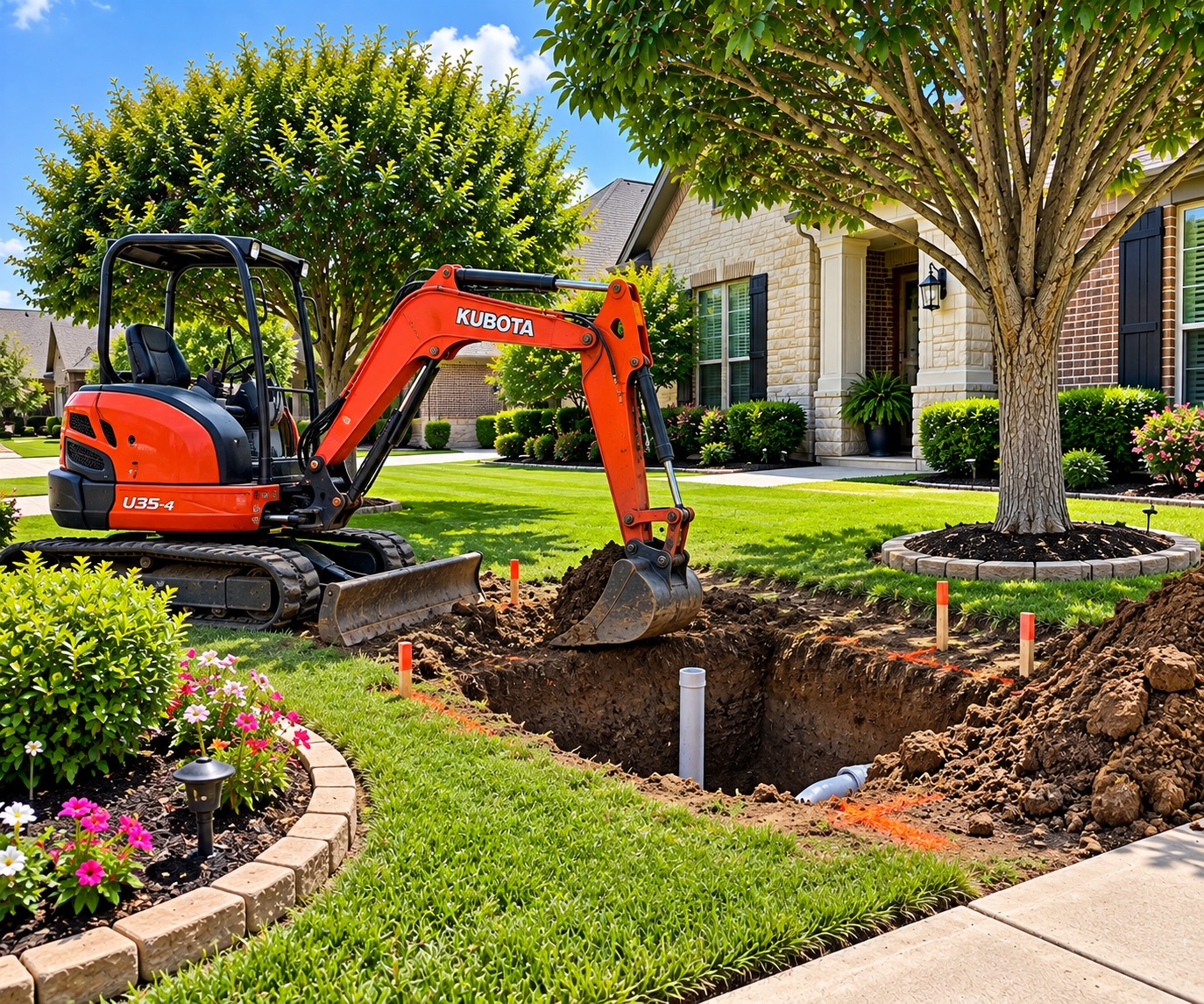 Compact Kubota excavator beside a small residential excavation