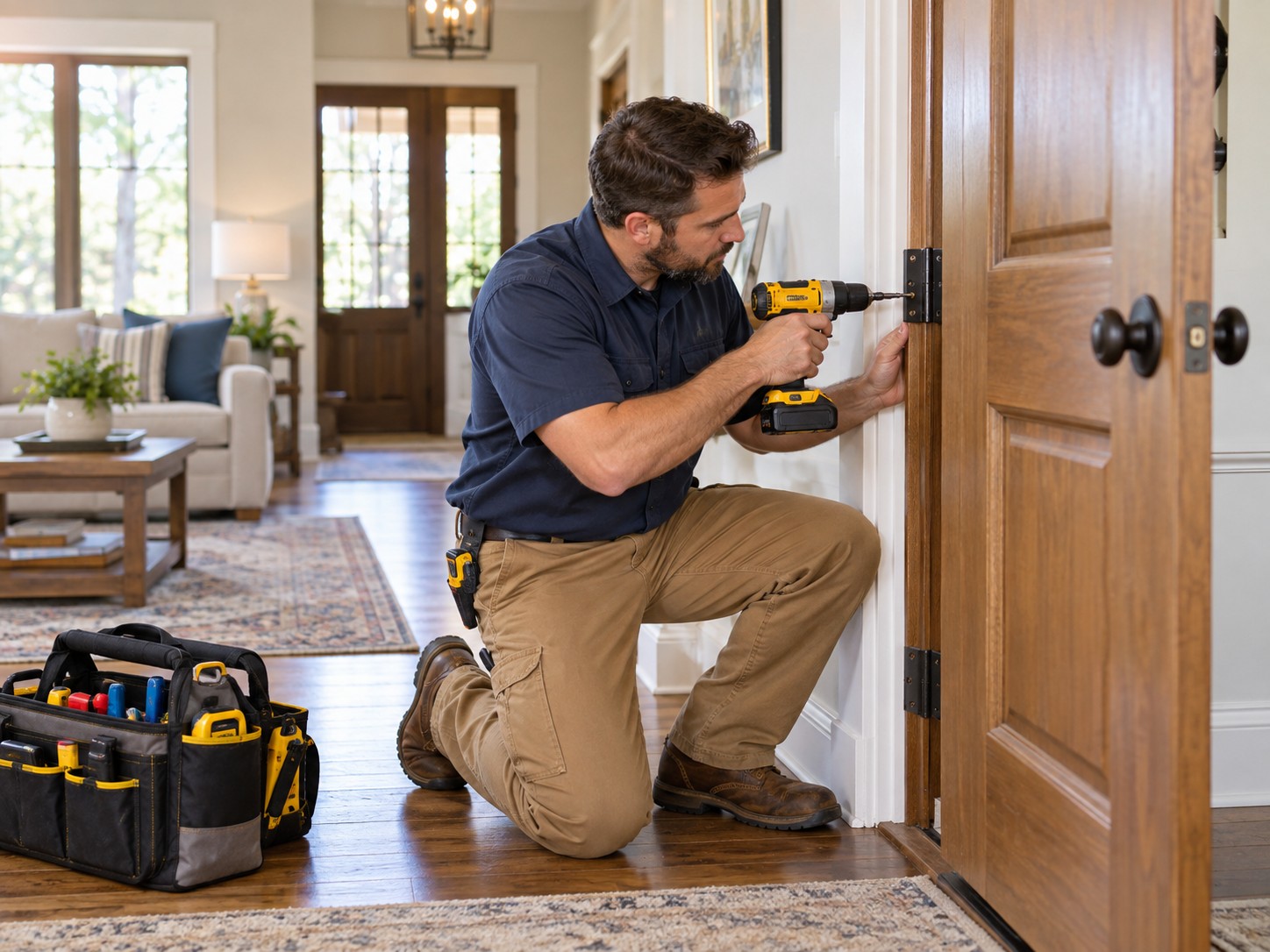 Illustration of a handyman adjusting a residential door hinge with a cordless drill