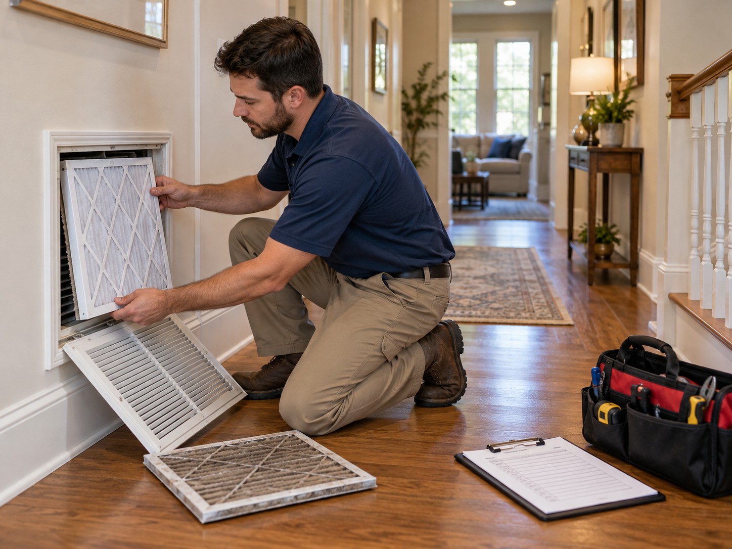 Illustration of routine home maintenance: a technician replaces an air filter beside a tool bag and inspection checklist
