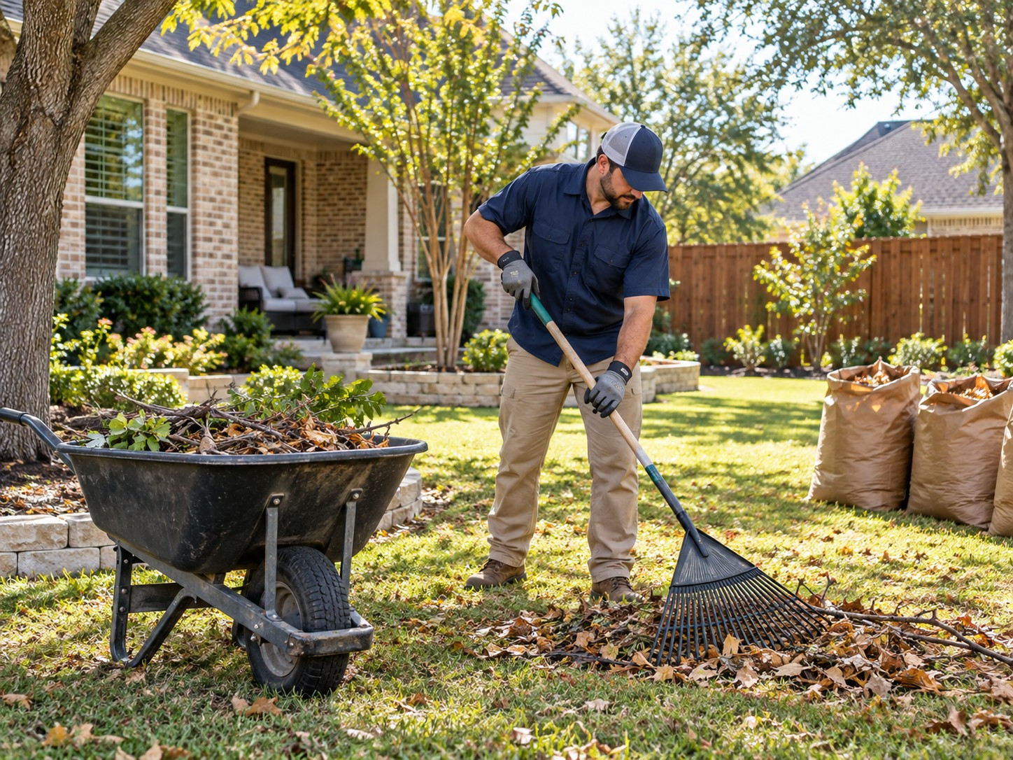 Illustration of residential property cleanup with a worker gathering leaves and branches beside a wheelbarrow