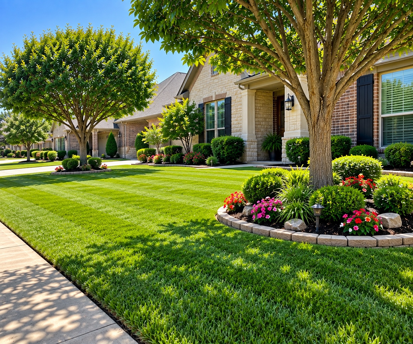 Freshly mowed residential lawn with trimmed trees and colorful flower beds